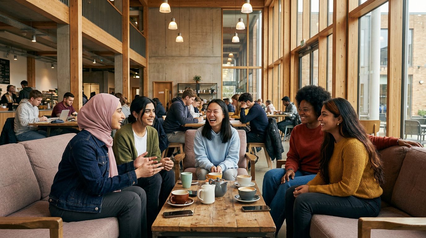 Women sitting together talking over coffee in a bright cafe.