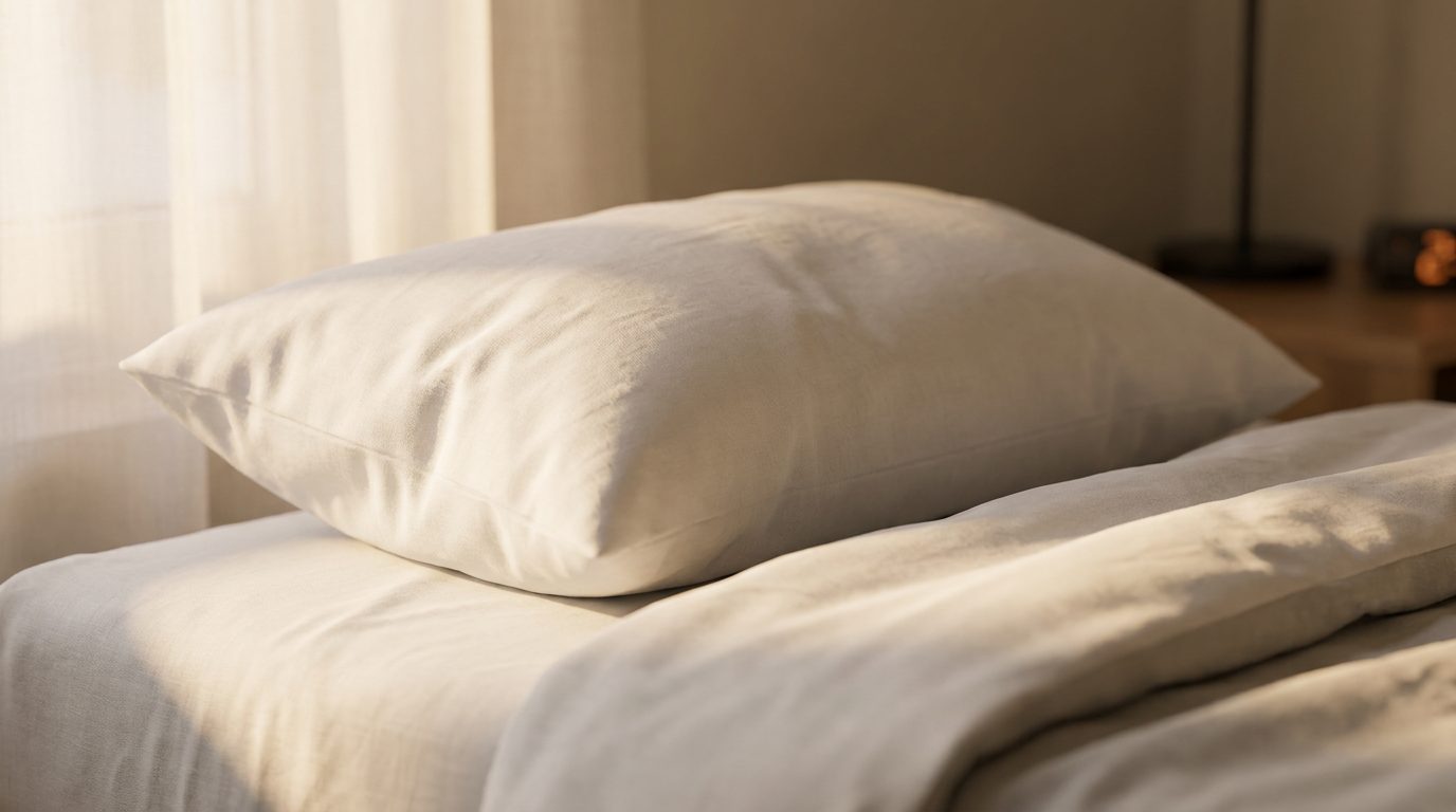 A still from the digital story A Pillow: a plain white pillow on a bed in soft daylight.