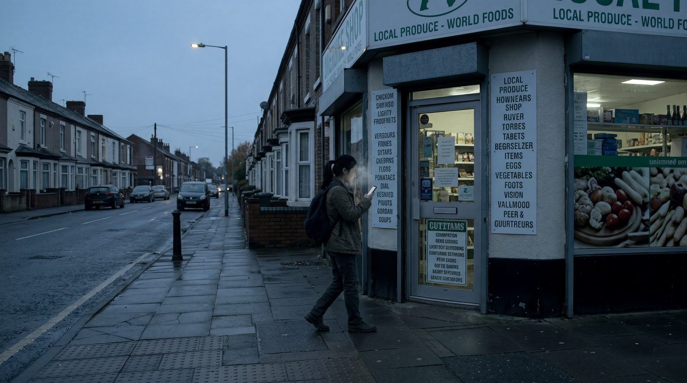 A Middlesbrough terraced street with a local world foods shop on the corner at dusk.