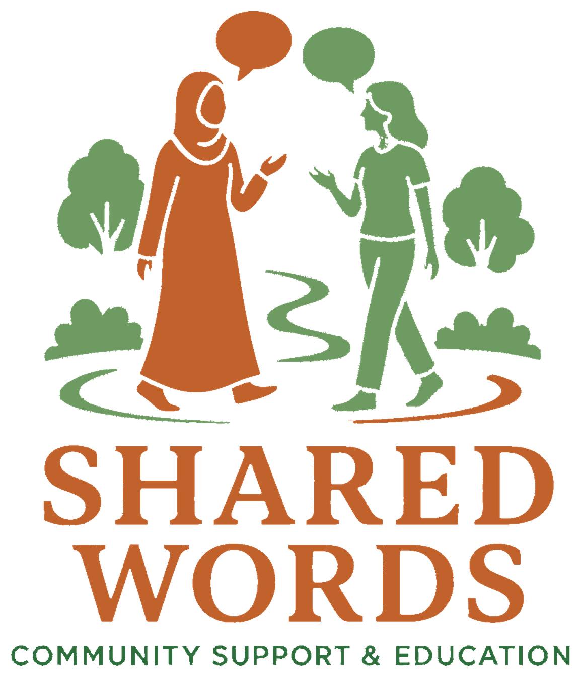 The Shared Words Walk and Talk logo: two women walking and talking along a winding park path between trees.