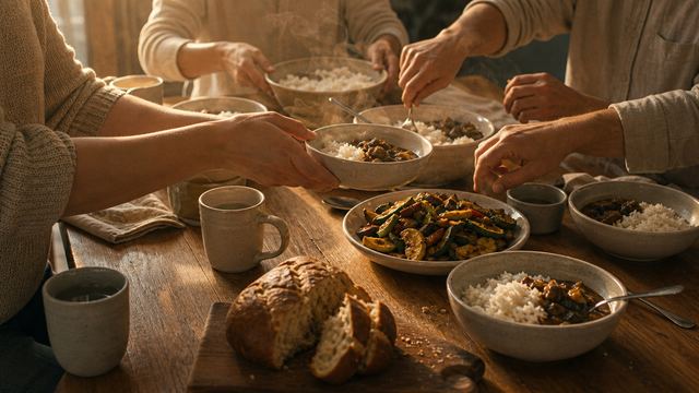 Several pairs of hands sharing bowls of home-cooked food around a wooden table.