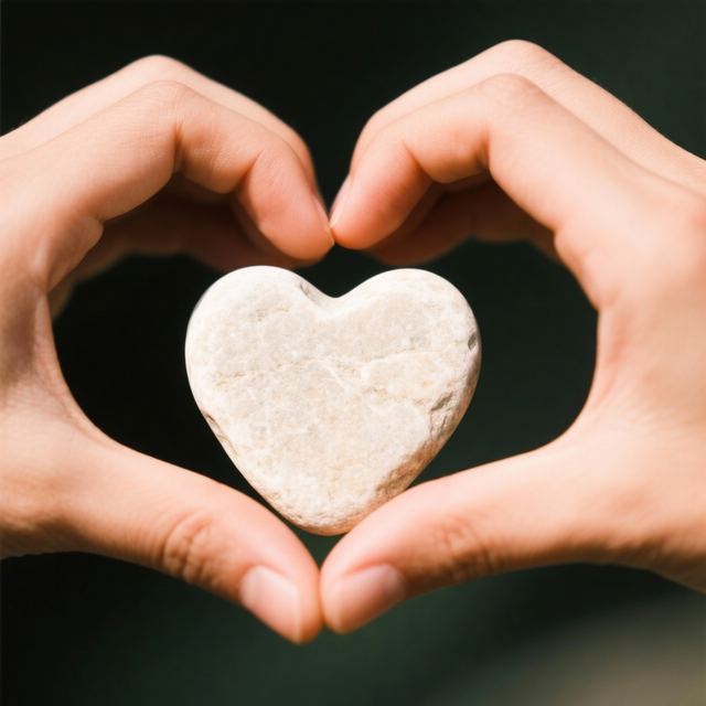Two hands framing a heart shape around a small pale object.