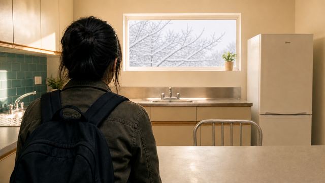 A woman with a backpack standing at a bare kitchen counter, looking out of the window.