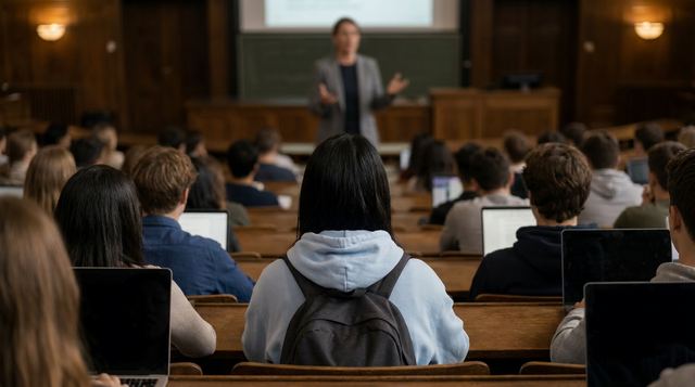A lecturer standing at the front of a full lecture theatre.