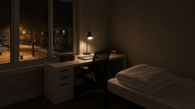 A sparse room at night: a desk, a lamp and a bed made up on the floor.