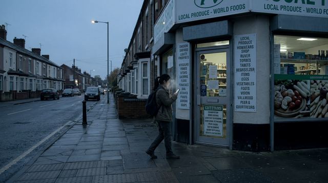 A terraced Middlesbrough street at dusk with a world foods shop lit up on the corner.