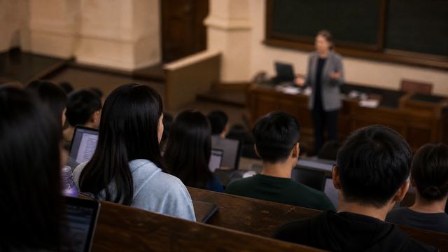 Students seated in a lecture theatre, listening.
