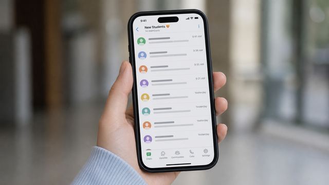 A hand holding a phone showing a list of group chats.